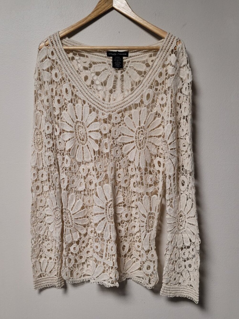 Crochet Top Womens Large Ivory Sheer Floral Romantic Boho Fairy Cottagecore - Picture 3 of 8